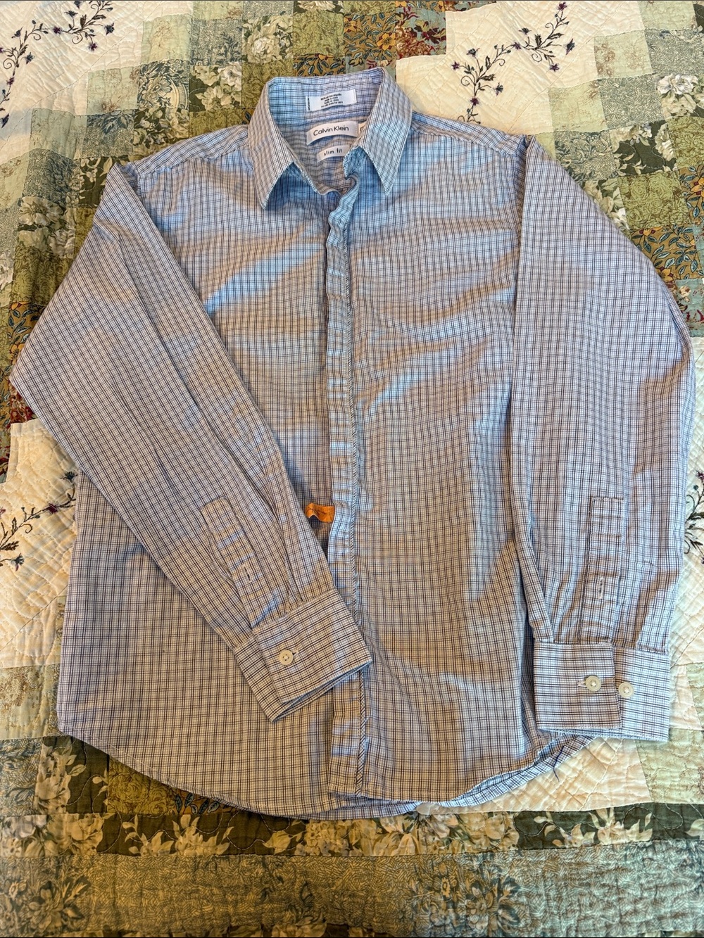 Calvin Klein Light Blue and White Check Button-Down Shirt with hidden buttons